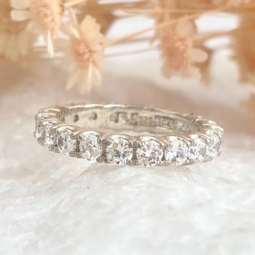 CZ Gemstone Lined Straight Shank Sterling Silver 925 Vintage Ring - sz 7